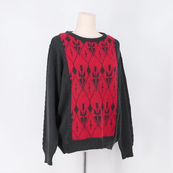 VINTAGE YVES VENET 80s/90s Red & Black Print Knit Sweater Size 42 - Picture 2 of 5